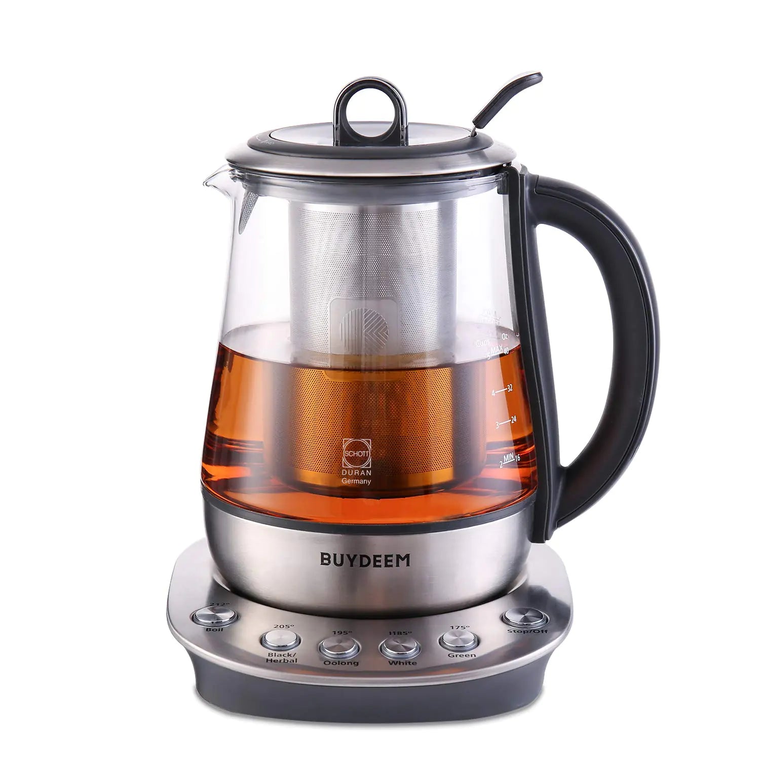 BUYDEEM K2423 Electric Tea Maker – 1.2L Stainless Steel & Schott Glass Kettle with Removable Infuser, Auto Keep Warm, BPA-Free