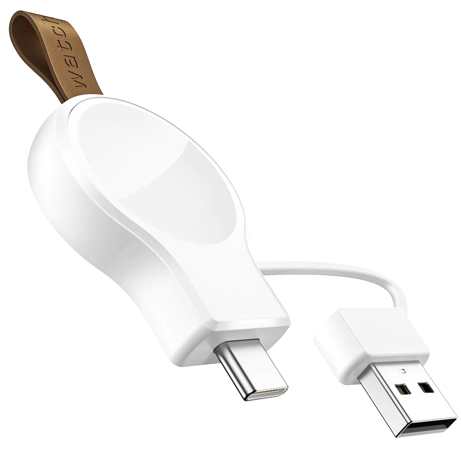 White USB-C to USB-A cable with brown leather strap on a white background
