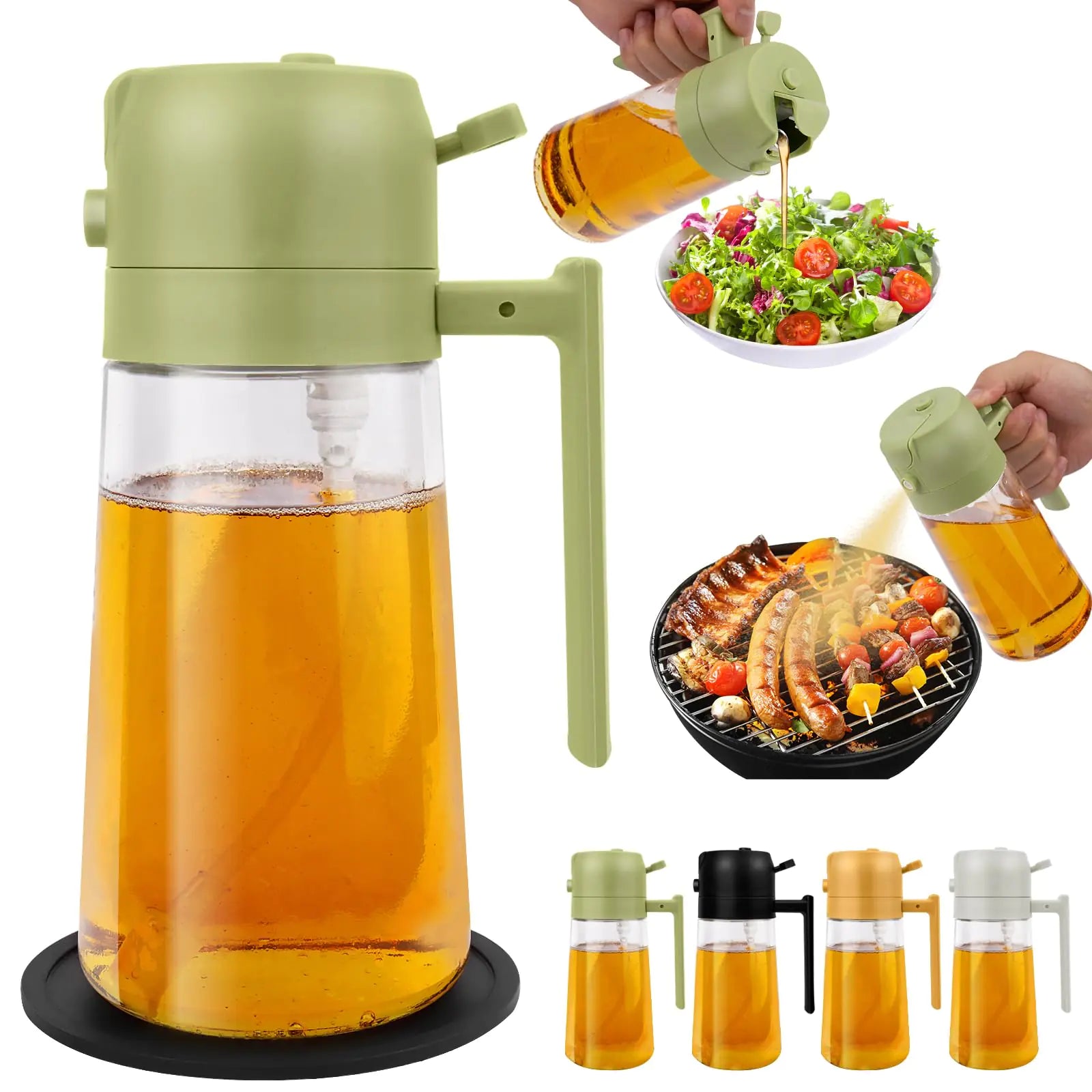 2 in 1 Oil Dispenser and Oil Sprayer for Cooking with Silicone Mat 470ml/16oz Glass Olive Oil Dispenser Bottle Spray and Pour Food-grade Oil Dispenser for Kitchen BBQ Air Fryer Salad (Green)